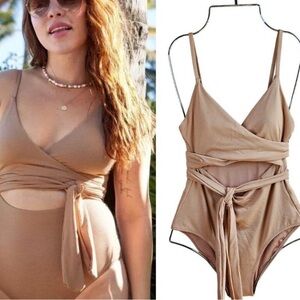 Aerie Pique One Piece Wrap Full Coverage Swimsuit Tan Nude Medium Modest Beachy